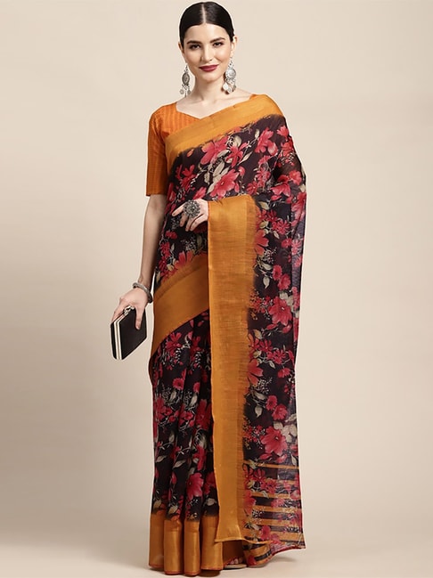 Saree Mall Black & Mustard Linen Printed Saree With Unstitched Blouse Price in India