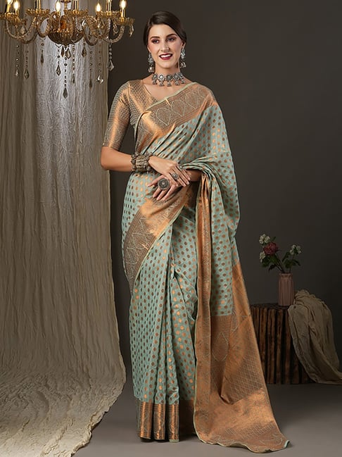Saree Mall Green & Golden Silk Woven Saree With Unstitched Blouse Price in India