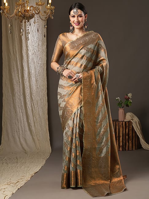 Saree Mall Grey & Copper Silk Woven Saree With Unstitched Blouse Price in India