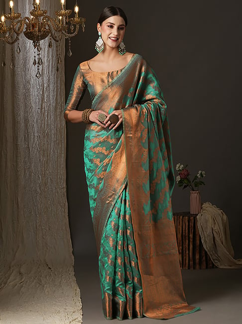 Saree Mall Blue Silk Woven Saree With Unstitched Blouse Price in India