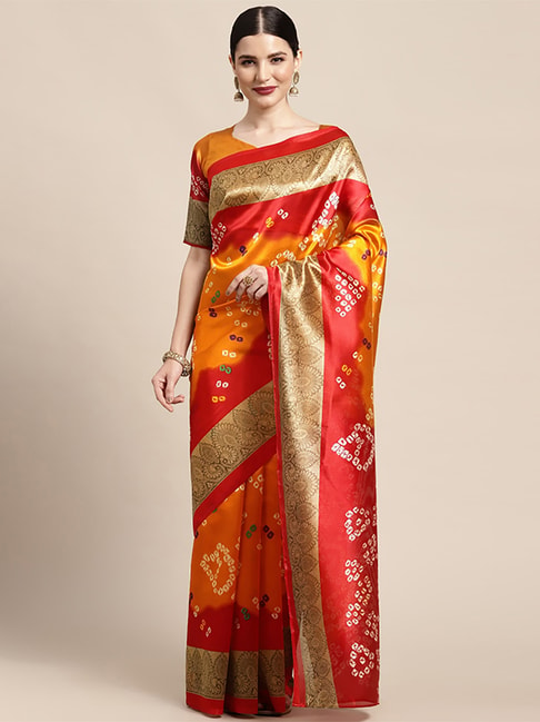 Saree Mall Mustard & Red Silk Printed Saree With Unstitched Blouse Price in India