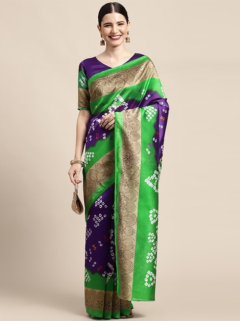 Saree Mall Purple & Green Silk Printed Saree With Unstitched Blouse Price in India