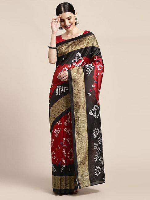 Saree Mall Red & Black Silk Printed Saree With Unstitched Blouse Price in India