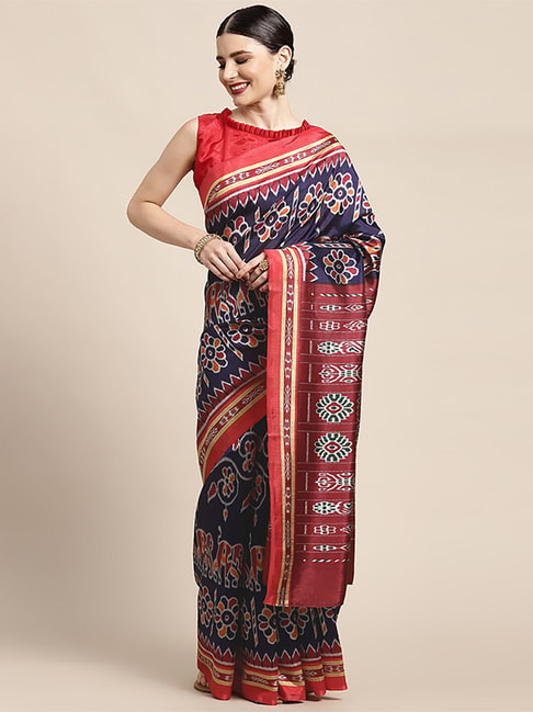 Saree Mall Blue & Red Printed Saree With Unstitched Blouse Price in India