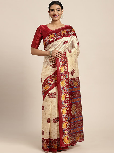 Saree Mall Off-White & Red Silk Printed Saree With Unstitched Blouse Price in India
