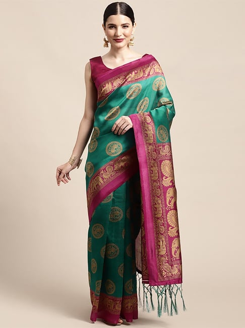 Saree Mall Green & Pink Silk Printed Saree With Unstitched Blouse Price in India