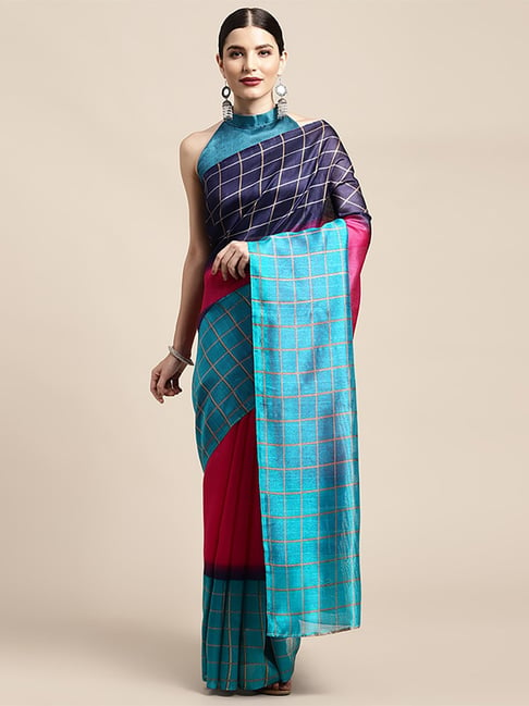 Saree Mall Blue & Pink Silk Printed Saree With Unstitched Blouse Price in India