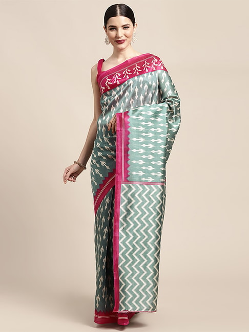 Saree Mall Grey & Pink Silk Printed Saree With Unstitched Blouse Price in India