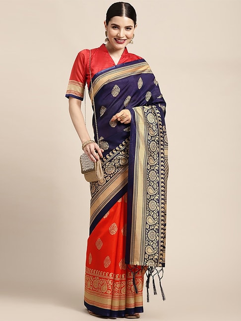 Saree Mall Blue & Orange Silk Printed Saree With Unstitched Blouse Price in India
