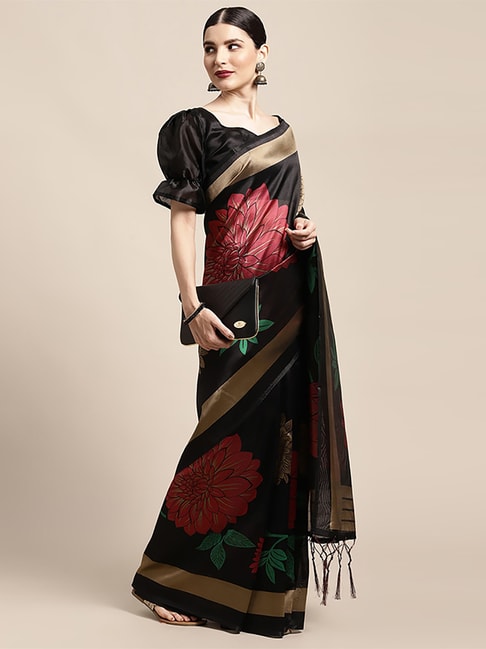 Saree Mall Black Silk Printed Saree With Unstitched Blouse Price in India