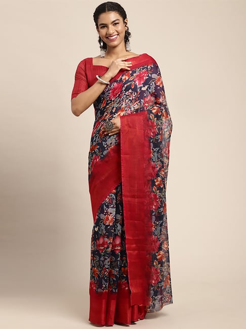 Saree Mall Navy & Red Linen Printed Saree With Unstitched Blouse Price in India