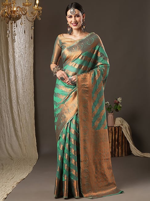 Saree Mall Green Silk Woven Saree With Unstitched Blouse Price in India