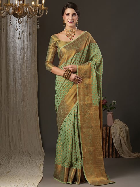 Saree Mall Green & Golden Silk Woven Saree With Unstitched Blouse Price in India