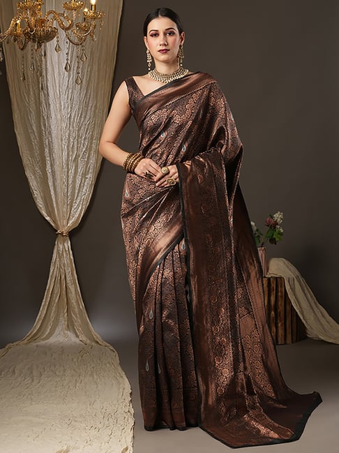 Onyx Black Copper Zari Woven Satin Silk Saree - Clothsvilla