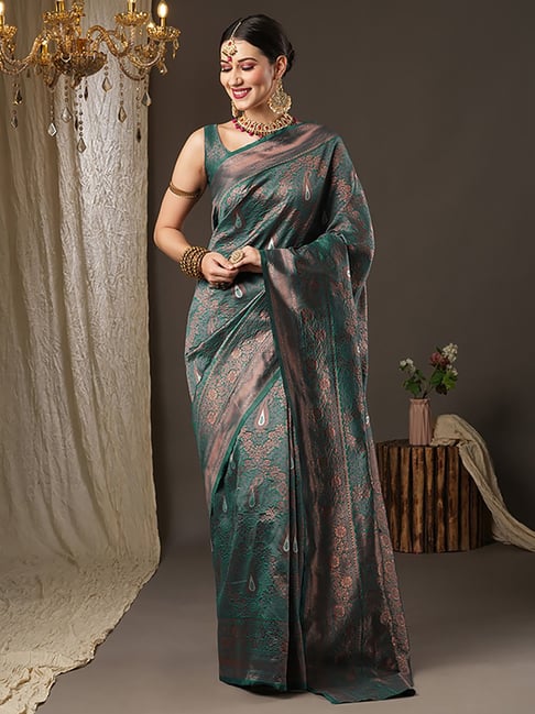 Saree Mall Blue Silk Woven Saree With Unstitched Blouse Price in India