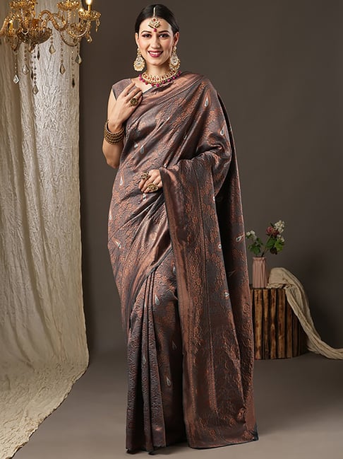 Saree Mall Grey & Copper Silk Woven Saree With Unstitched Blouse Price in India