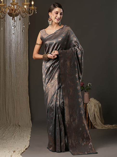 Saree Mall Grey Silk Woven Saree With Unstitched Blouse Price in India