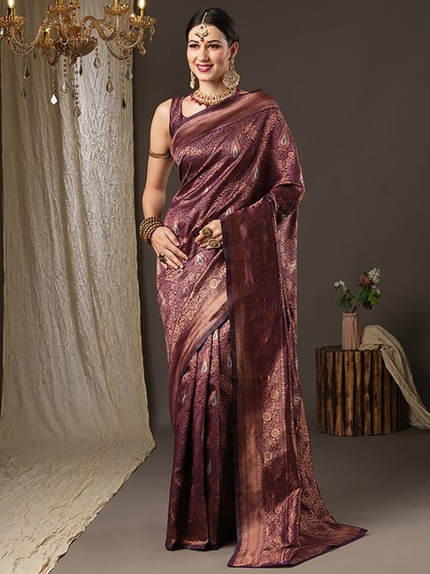 Saree Mall Purple & Copper Silk Woven Saree With Unstitched Blouse Price in India