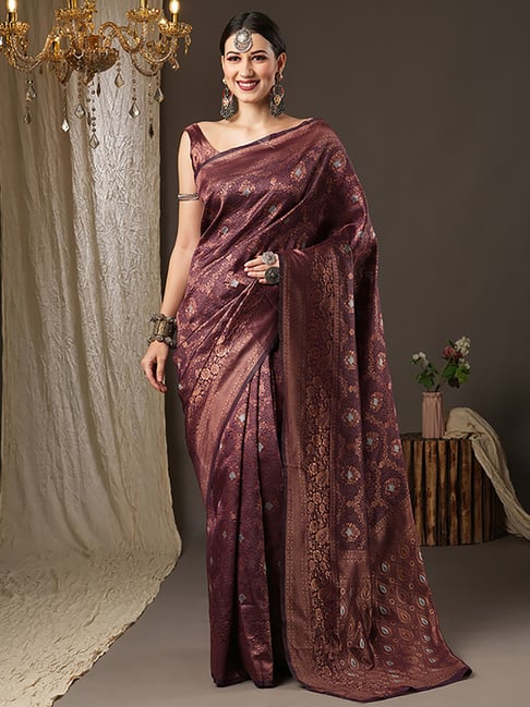 Saree Mall Purple Silk Woven Saree With Unstitched Blouse Price in India