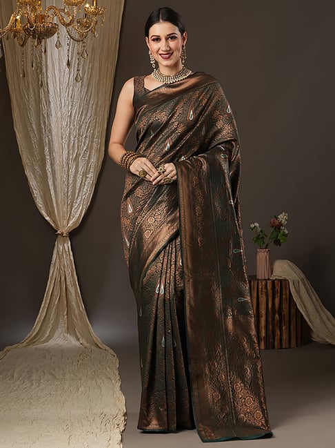 Saree Mall Green & Copper Silk Woven Saree With Unstitched Blouse Price in India