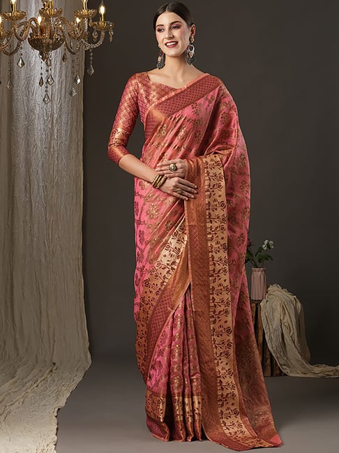 Saree Mall Pink Silk Woven Saree With Unstitched Blouse Price in India