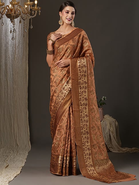 Saree Mall Peach Silk Woven Saree With Unstitched Blouse Price in India