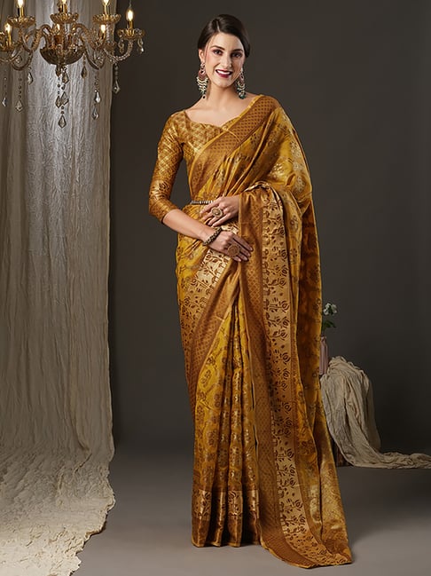 Saree Mall Mustard Silk Woven Saree With Unstitched Blouse Price in India