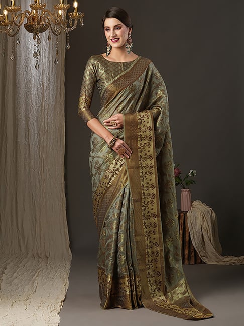 Saree Mall Green Silk Woven Saree With Unstitched Blouse Price in India