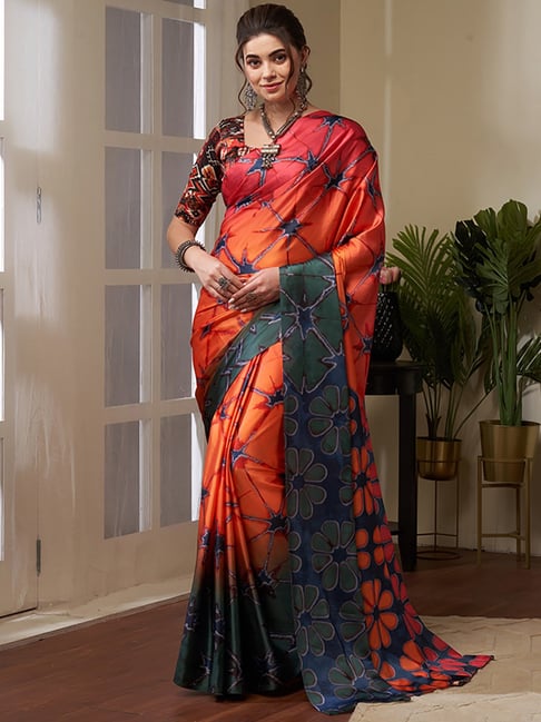 Saree Mall Orange & Blue Printed Saree With Unstitched Blouse Price in India
