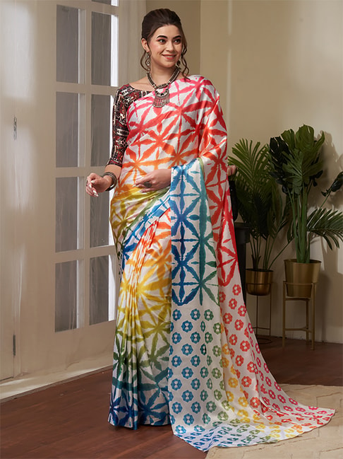 Saree Mall White Printed Saree With Unstitched Blouse Price in India