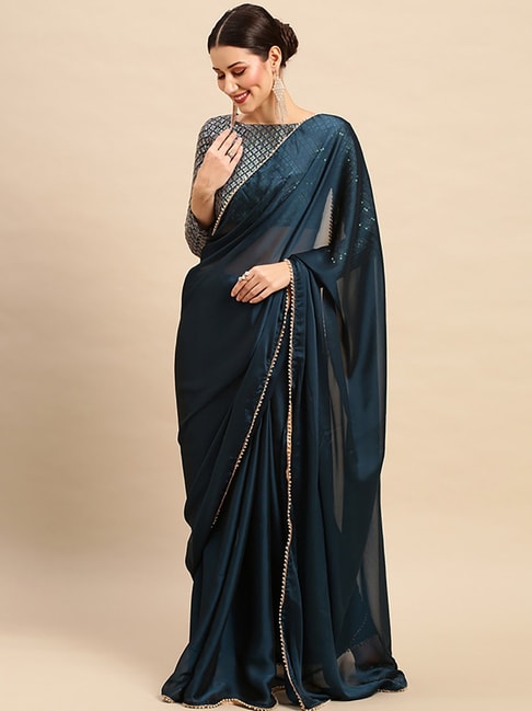 Saree Mall Blue Saree With Unstitched Blouse Price in India