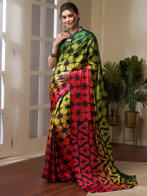 Saree Mall Green & Red Printed Saree With Unstitched Blouse Price in India
