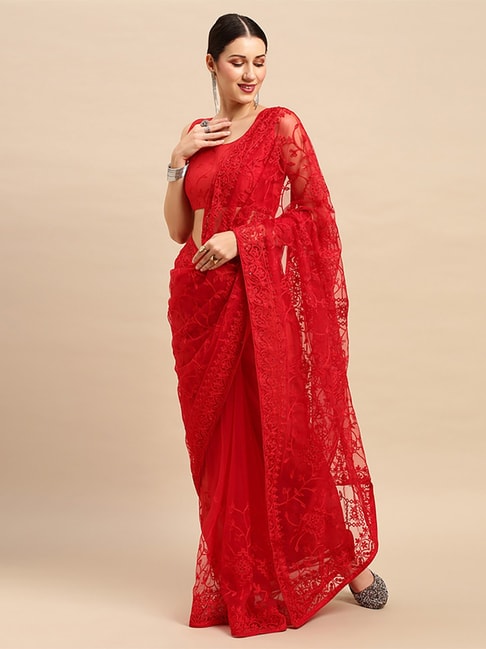 Saree Mall Red Embroidered Saree With Unstitched Blouse Price in India