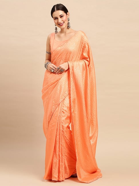 Saree Mall Peach Silk Embellished Saree With Unstitched Blouse Price in India
