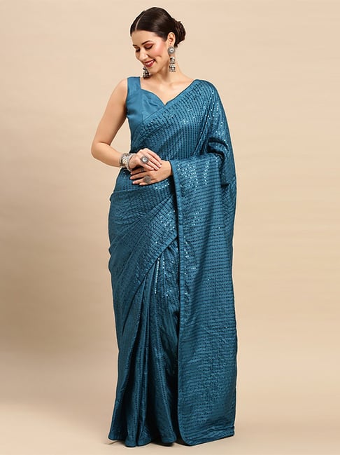 Saree Mall Blue Silk Embellished Saree With Unstitched Blouse Price in India