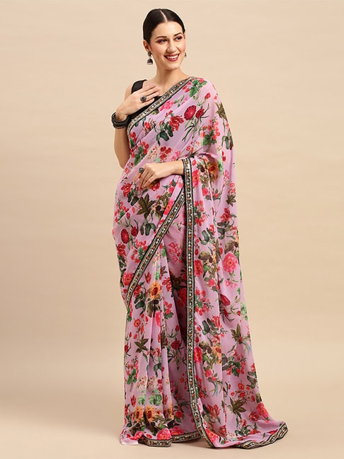 Saree Mall Purple Printed Saree With Unstitched Blouse Price in India