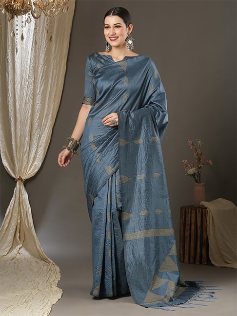 Saree Mall Blue Silk Woven Saree With Unstitched Blouse Price in India