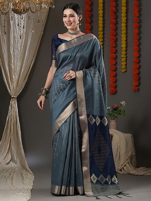 Saree Mall Blue Cotton Woven Saree With Unstitched Blouse Price in India