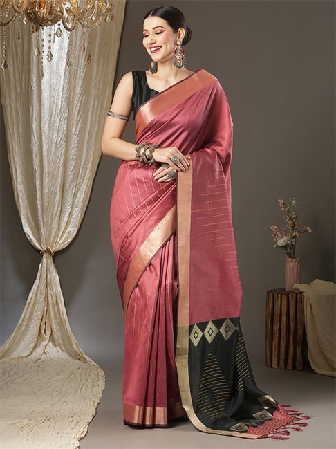 Saree Mall Pink & Black Cotton Woven Saree With Unstitched Blouse Price in India