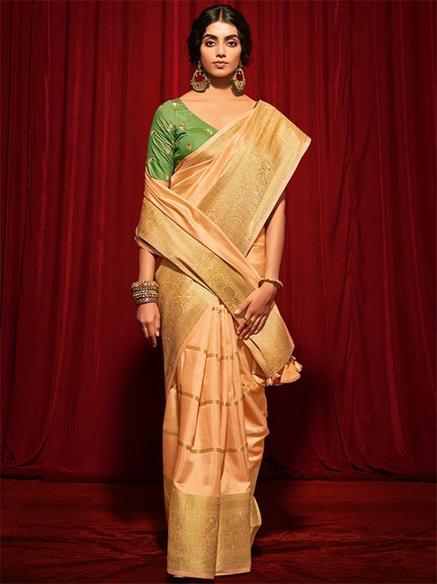 Saree Mall Peach & Golden Silk Woven Saree With Unstitched Blouse Price in India