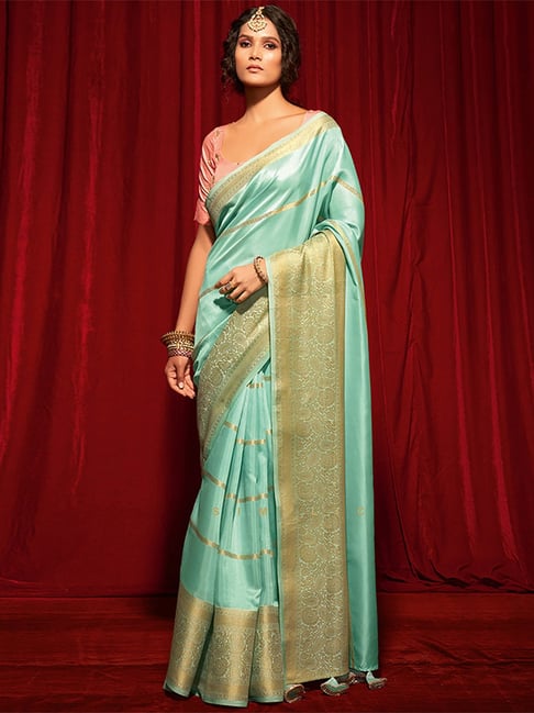 Saree Mall Green & Golden Silk Woven Saree With Unstitched Blouse Price in India