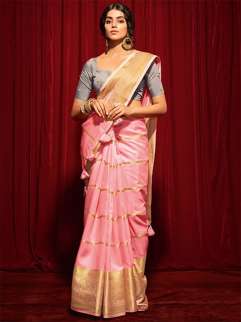 Saree Mall Pink & Golden Silk Woven Saree With Unstitched Blouse Price in India