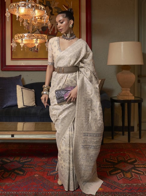 Saree Mall Beige Silk Woven Saree With Unstitched Blouse Price in India