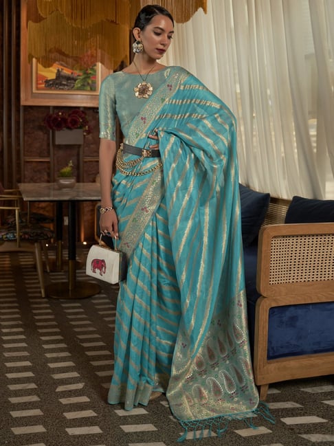 Saree Mall Blue Woven Saree With Unstitched Blouse Price in India