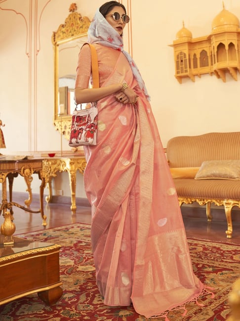 Saree Mall Peach Silk Woven Saree With Unstitched Blouse Price in India