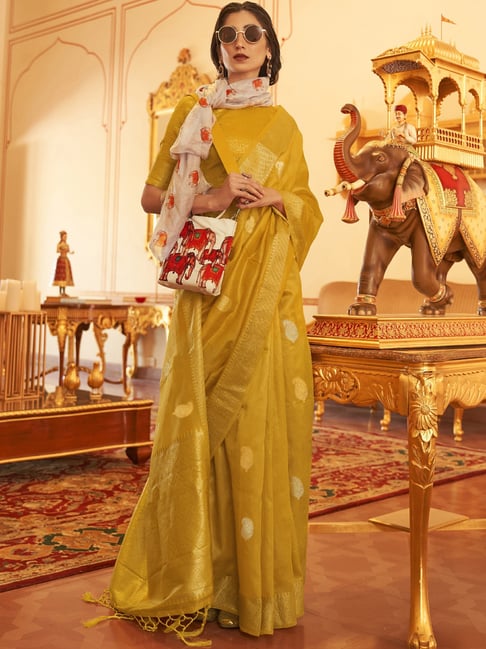 Saree Mall Mustard Silk Woven Saree With Unstitched Blouse Price in India