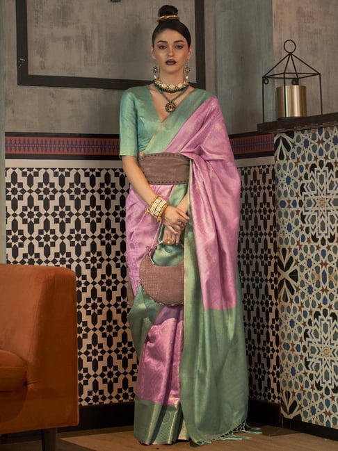 Saree Mall Pink & Green Silk Woven Saree With Unstitched Blouse Price in India