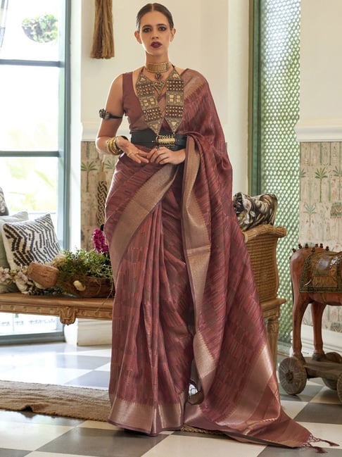 Saree Mall Brown Woven Saree With Unstitched Blouse Price in India