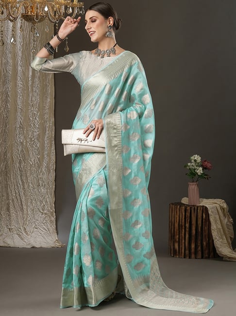 Saree Mall Blue Woven Saree With Unstitched Blouse Price in India