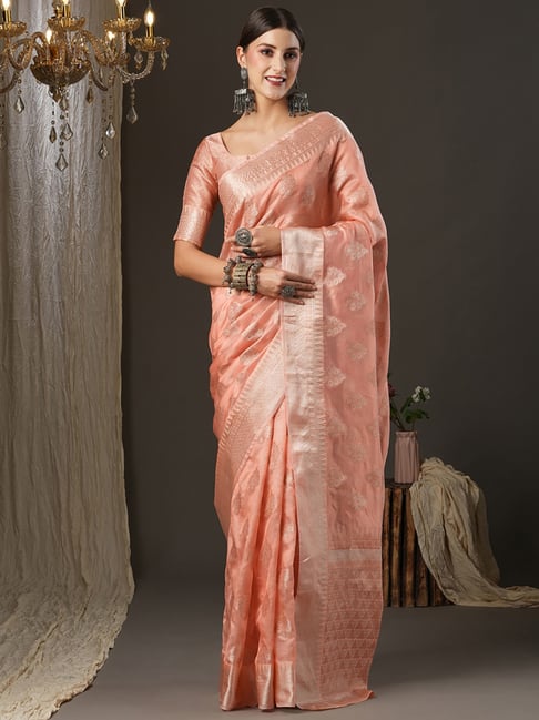 Saree Mall Peach Woven Saree With Unstitched Blouse Price in India